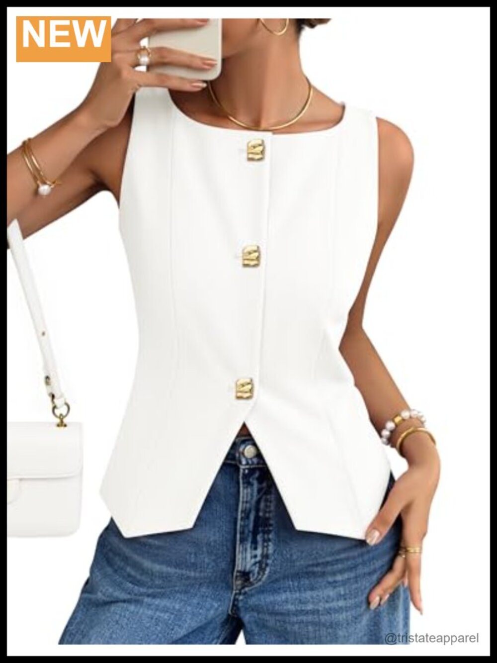 Women's Sleeveless Button Down Vest Top with Back Tie Adjustable Fit Business